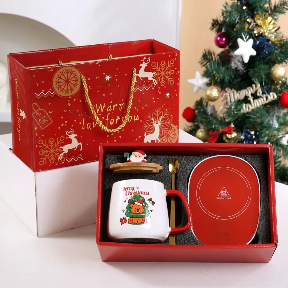 New Christmas Gifts Kit Wooden Lid 55℃ Merry Santa Claus Pattern Ceramic Mug Snowman Warm  Teaspoon for Office Home Use
