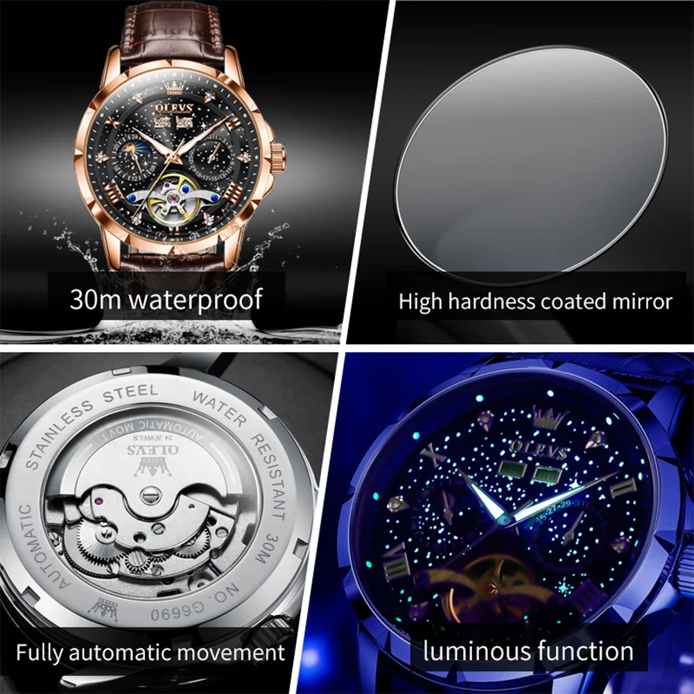 ساعة ماركة OLEVS Starry Sky ساعة ميكانيكية أوتوماتيكية بالكامل ساعة رجالية مجوفة للأعمال 6690