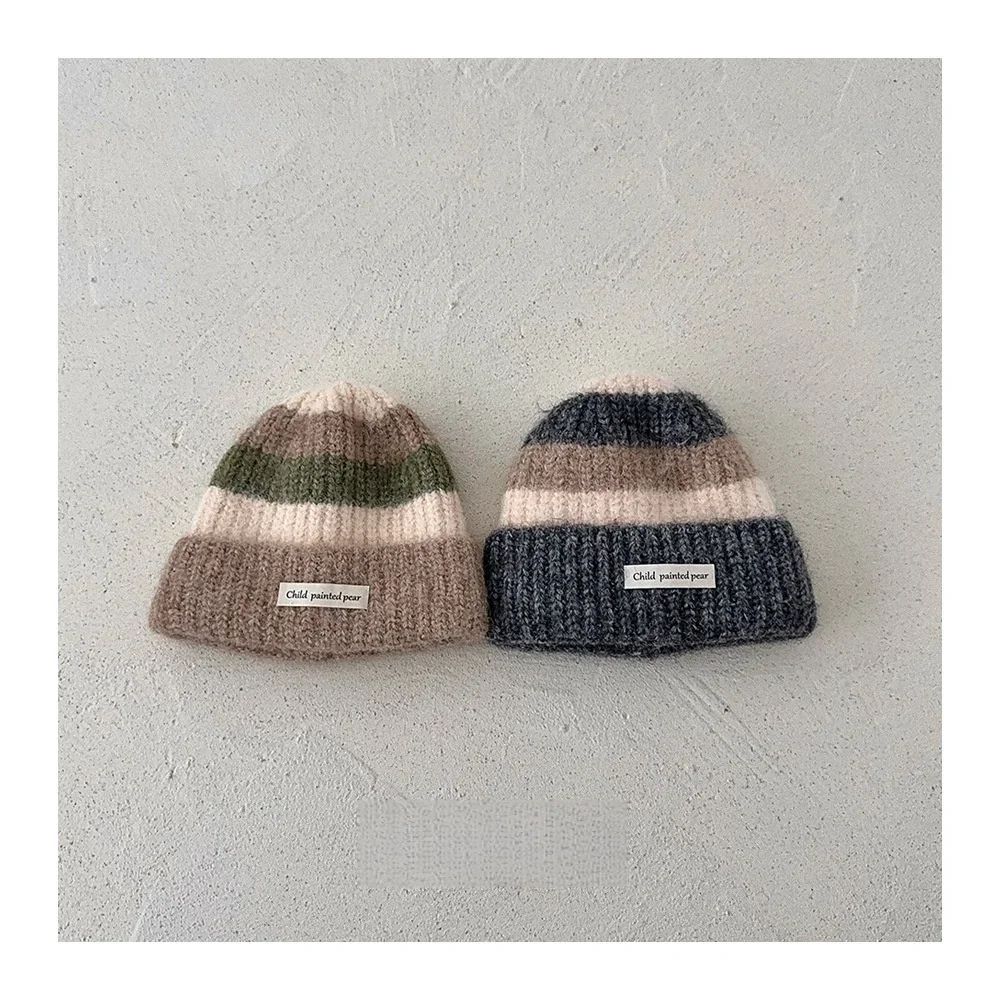Contrasting Striped Children Knitted Hat Autumn And Winter Warm Thickened Woolen Cap Boys Girls Preppy Style Ear Protection Hat