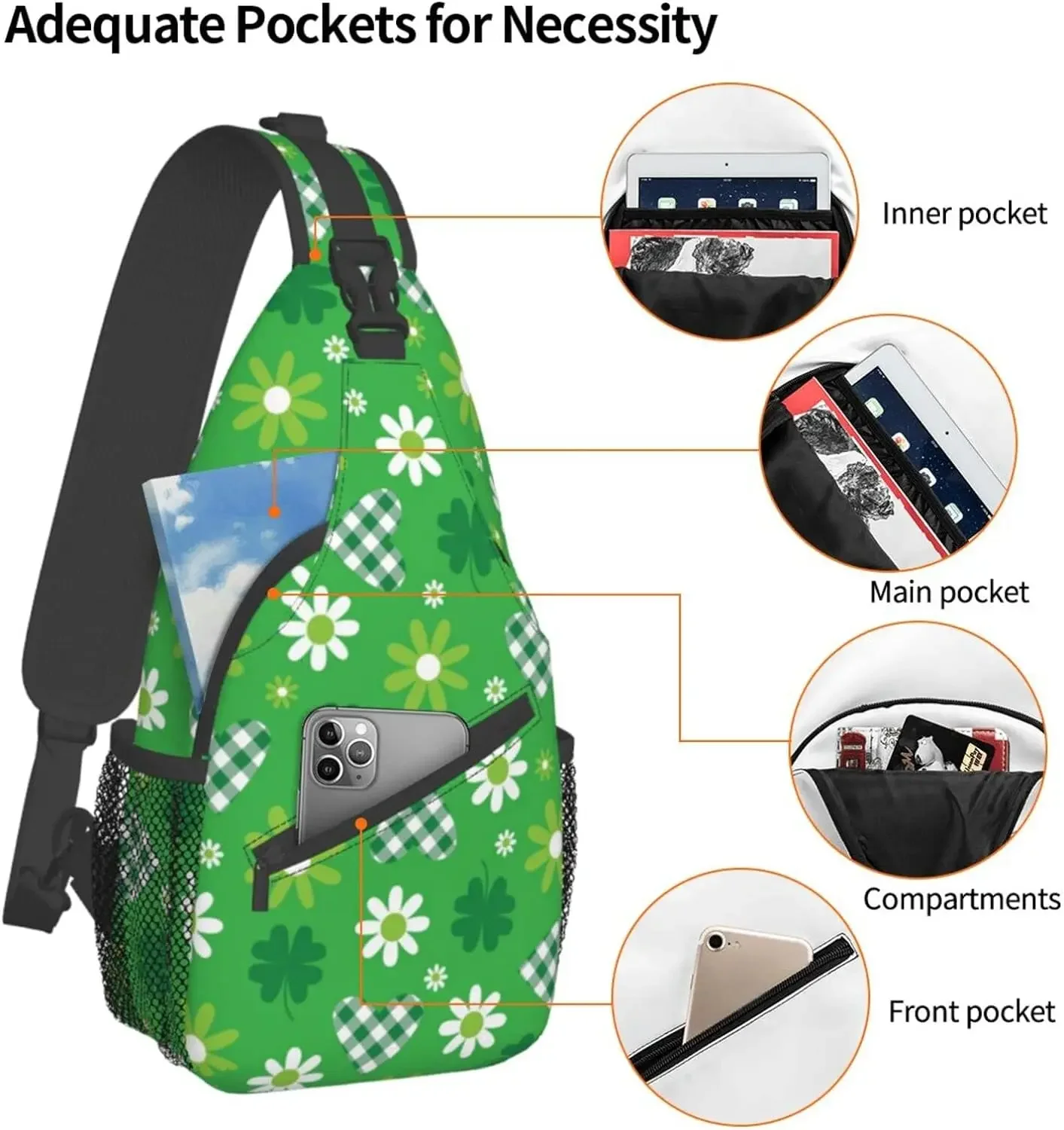 Śliczna zielona stokrotka str. Patrick's Day Crossbody plecak na ramię Shamrocks torba ze sznurkiem podróż pieszą torba na klatkę piersiowa Daypack dla mężczyzn kobiet