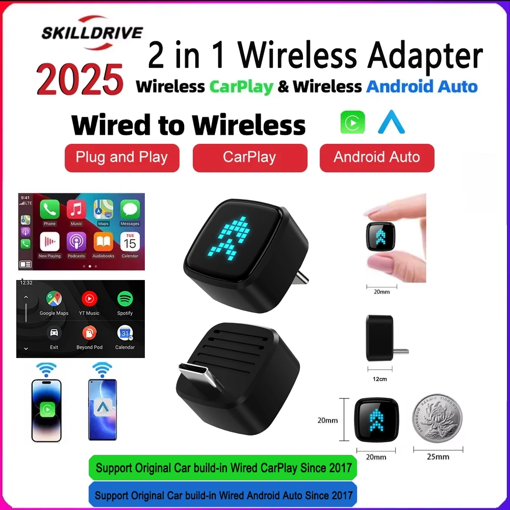 

Skilldrive 2025 Ultra Mini Wireless CarPlay Adapter Wireless Android Auto AI Smart Box Intelligent Systems for Wired CarPlay Car