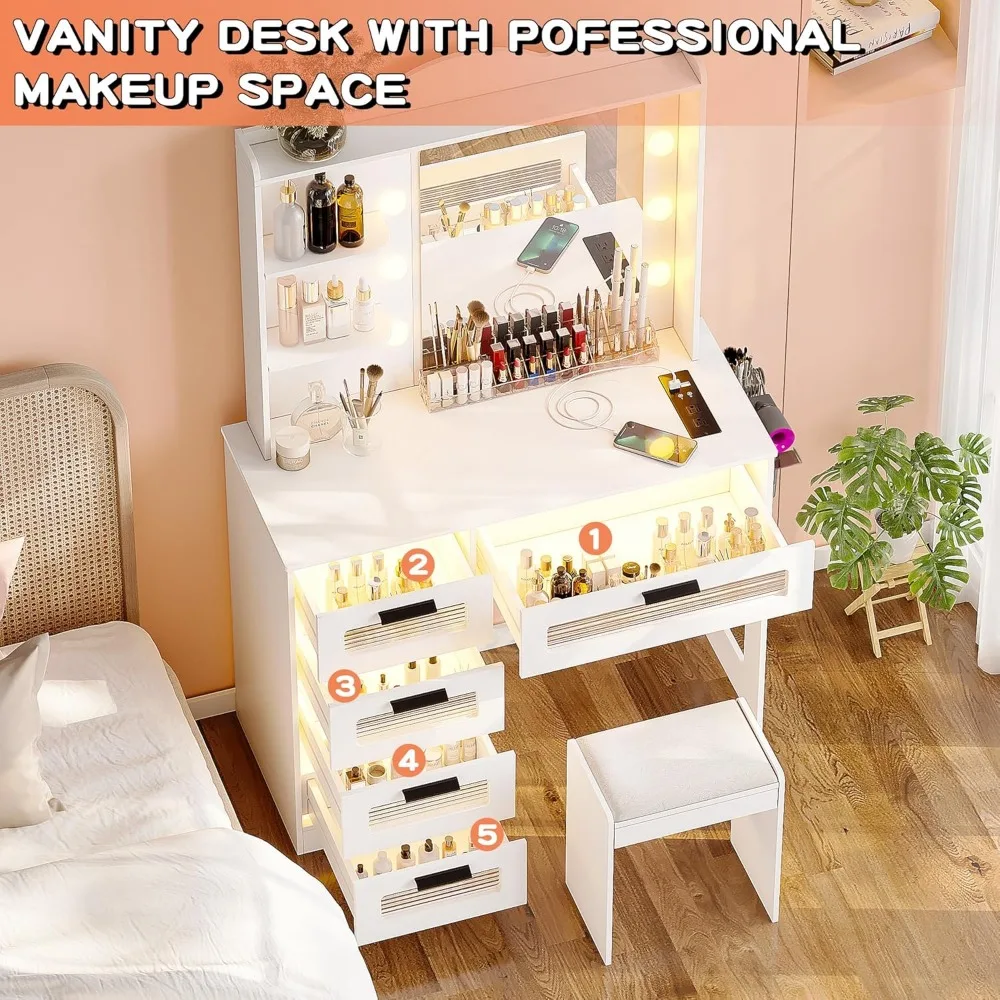 Vanity Desk with Mirror and Lights, Vanity Dressing Table with 5 Drawers and Cushioned Stool, Makeup Vanity Set