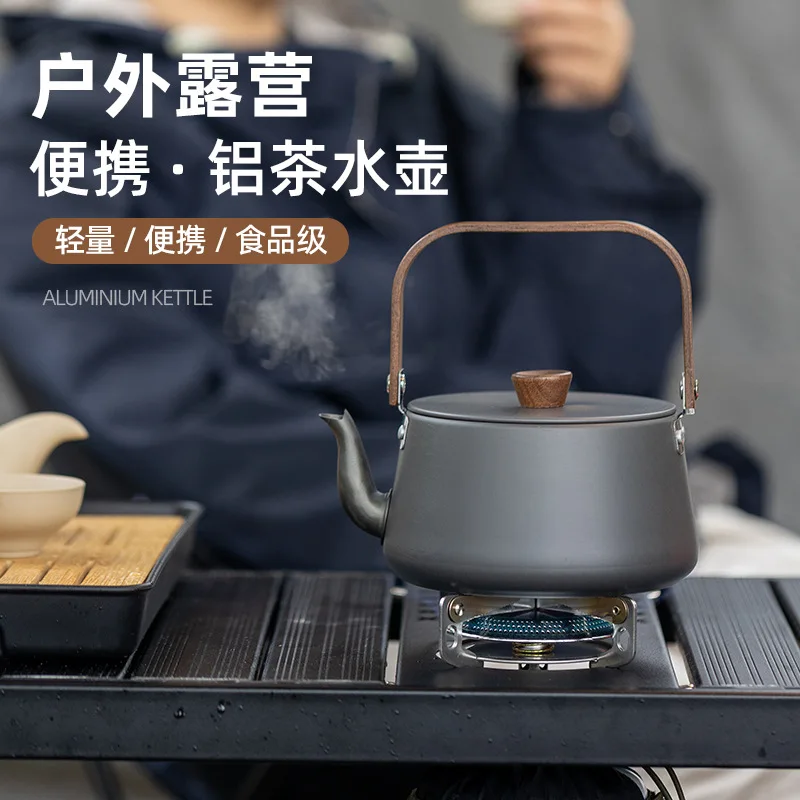 Outdoor Aluminum Alloy Wooden Handle Teapot Camping Kettle Boiling Water Teapot Camping Picnic Pot Portable Coffee Pot