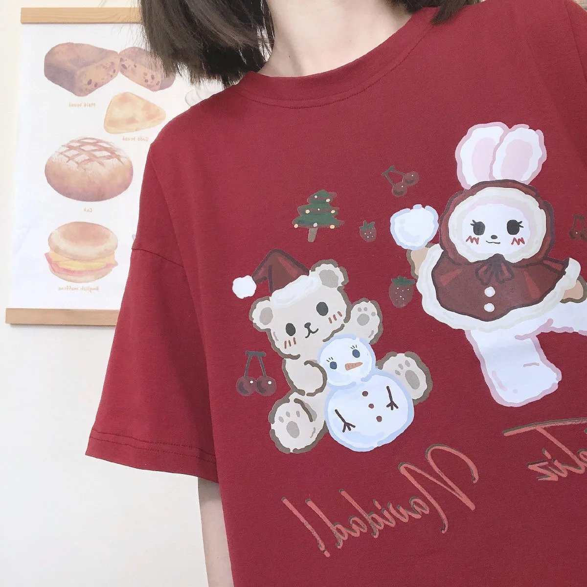 Japan Cartoon Print  Women Y2K Casual Tshirt Sweet Cute Bear Summer T shirt ForLoose Short Sleeve Tops JK Girls Oversized Tee