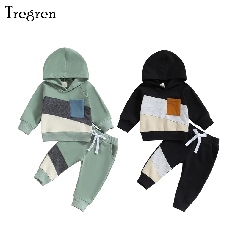 

Tregren Infant Baby Boy Tracksuits Fall Long Sleeve Contrast Color Patchwork Hoodie Sweatshirt Pants 2pcs Set Toddler Clothes