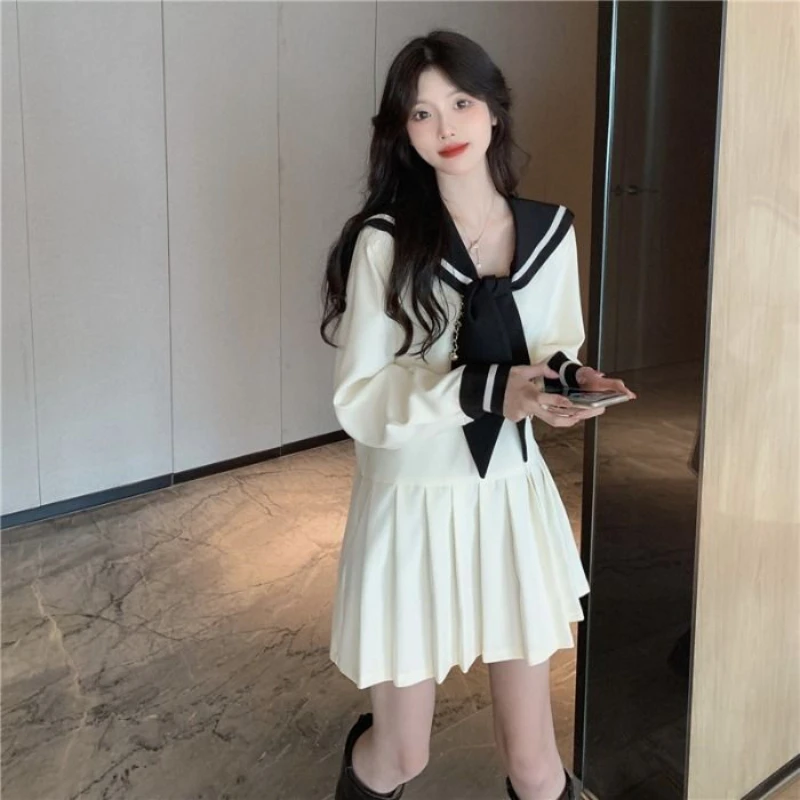 Dresses Women Autumn Design Sailor Collar Simple All-match Comfortable Loose Korean Style Retro Solid Elegant Student Lovely New