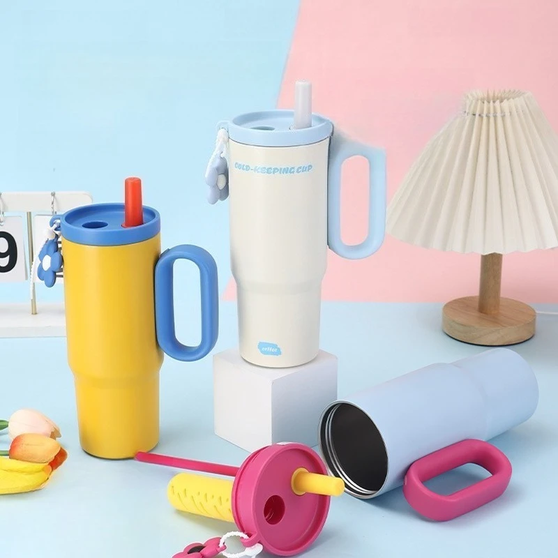 Vaso de Helado Gigante de 720 ml con Asa de Acero Inoxidable 316, con Compartimento para Té, Botella Aislada al Vacío, Pajita Portátil, Vaso para Auto