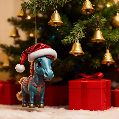 Cartoon 2D Flat Horse Hanging Ornament with Santa Hat And Christmas Balls Funny Horse Christmas Decoration