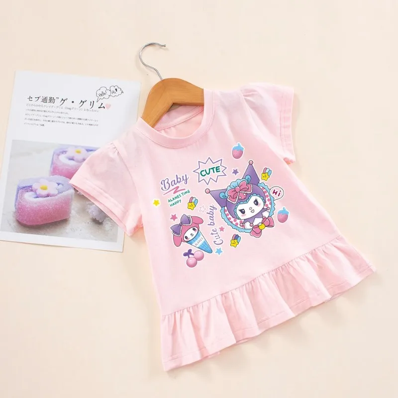 Girly Heart Kuromi Kawaii Sanrio Ins Fashion Short Sleeved Shirts Summer Cute Cartoon Dress Clothes Lovely Gifts for Kids