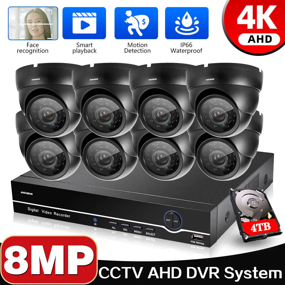 AHD CCTV Camera Security System Kit 8 Channel DVR Kit 8MP Outdoor Indoor Home Black Dome Video Surveillance Camera Set 8CH XMEYE