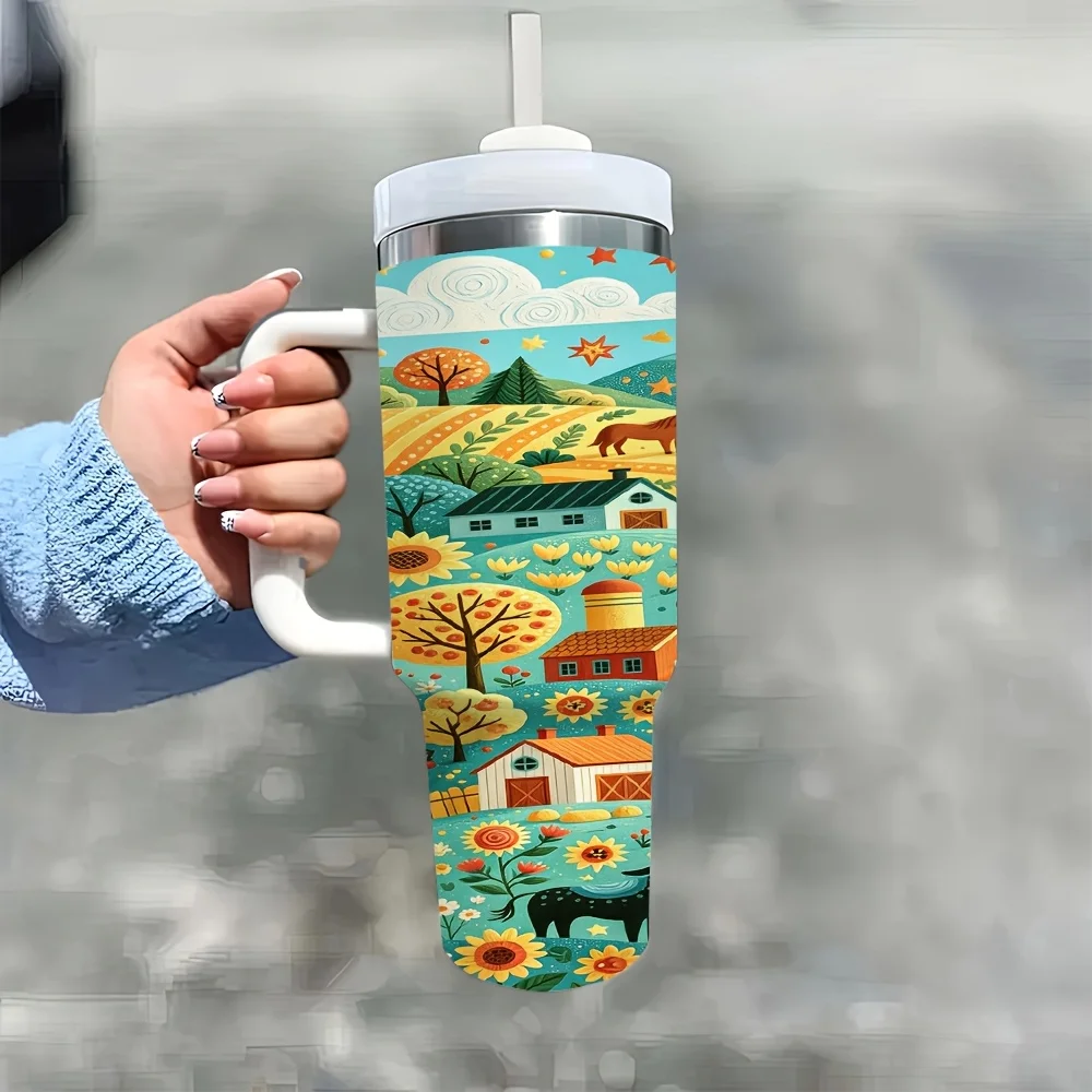 Halloween And Christmas 40Oz Stainless Steel Insulated Tumbler with Handle And Straw Retro Pastoral Farm Sunflower Country Scenery Print Water Bottle for Home Office Outdoor Travel Daily Drinking Use