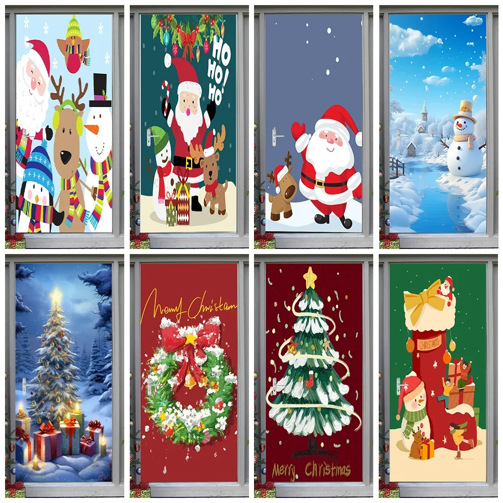 

2025 New Year Christmas Home Decoration Door Wrap Cover Wallpaper Cartoon Santa Claus Xmas Tree Bells Wall Art Mural for Bedroom