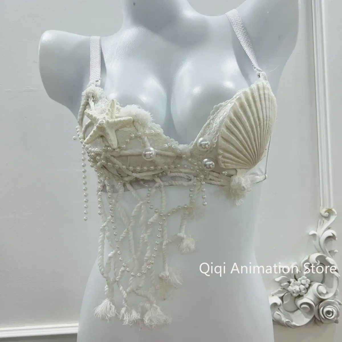 

Сексуальный бюстгальтер бикини ручной работы с большими рыбьими чешуями и блестками с жемчужным шейным ремешком, блестящие рыбьи чешуи, купальник, топ для ночного клуба, танцевального шоу