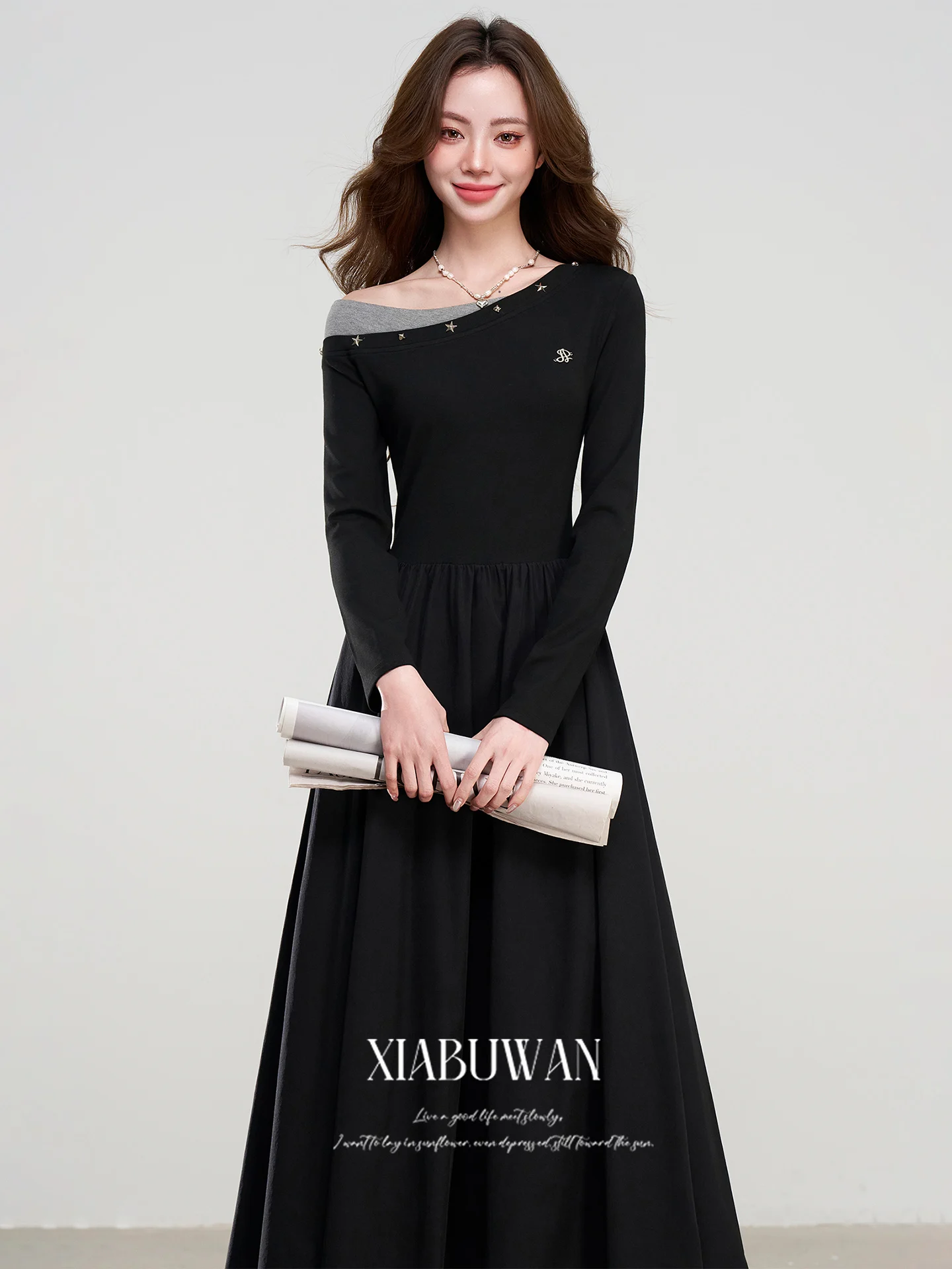 

Bla oulder Ne Colion Color Spring New High Waist A-Line Dr French Sle Long Sve Women's Faion Dr