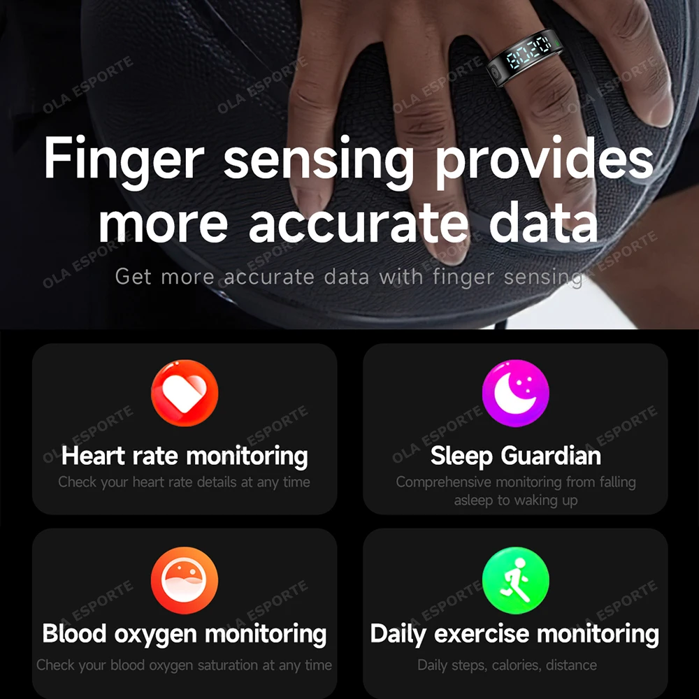 2025 New Smart Ring Men Women LED Display Screen Heart Rate Blood Oxygen Monitoring 5ATM Waterproof Multi Sports Modes Gift ring
