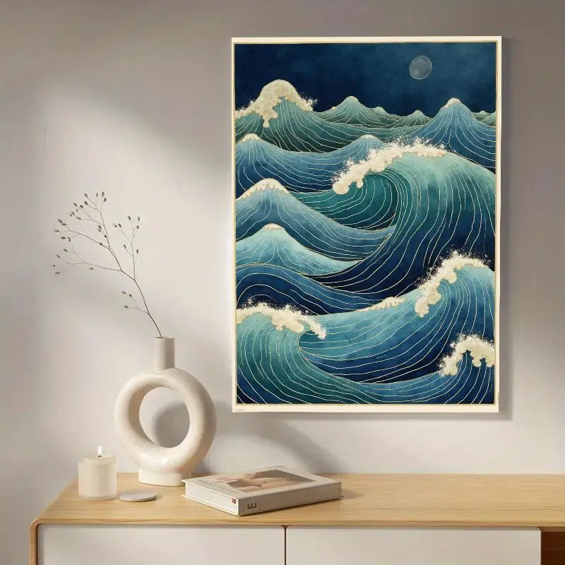 طباعة فنية قماش Ukiyo-e اليابانية بدون إطار على شكل موجة المحيط - لوحة ساحلية باللون الأزرق الداكن والفيروز، ديكور جداري حديث وبسيط #3