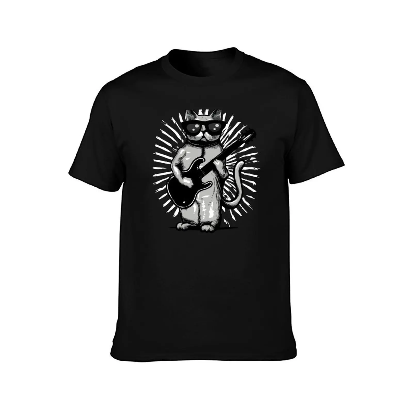 Drawing Of A Cool Rock And Roll Cat Playing electric Guitar T-Shirt, Summer Casual Cotton Tee, Oversized Streetwear Tops