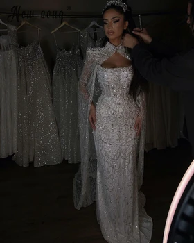 Dubai Witte Cape Mouw Avondjurk Kralen Pailletten Arabische Galajurken 2024 Bruidsjurken Nieuwe Bruidsjurken Op Maat