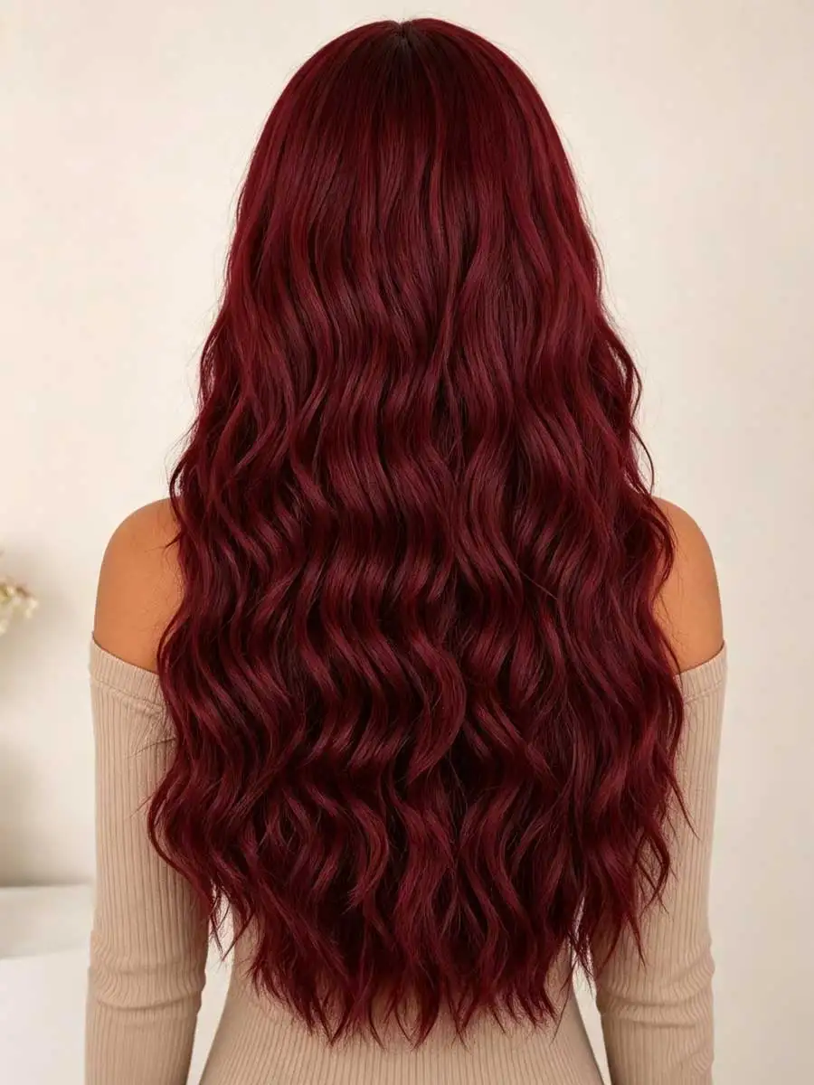 Realistic Wine Red Long Wavy Wig with Straight Fringe, Machine Made Synthetic Water Wave Hairpiece, Low Maintenance Styling Wigs for African American Women Club & Daily Look image 3