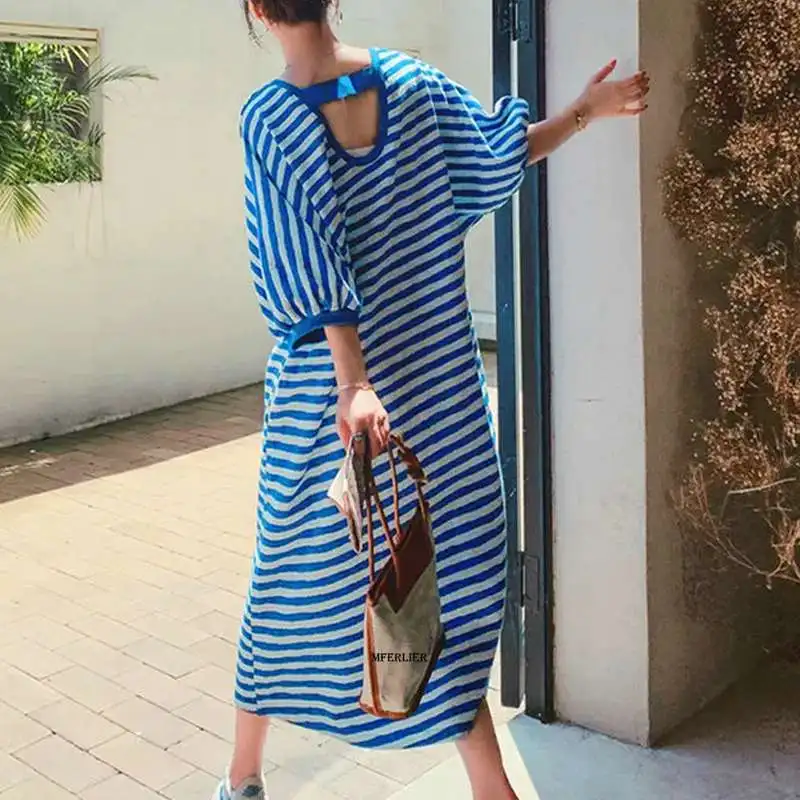 Large Size 6XL 150kg Summer Striped Vintage Robe  Elegant Dresses for Women Retro Clothing Women Dreeses