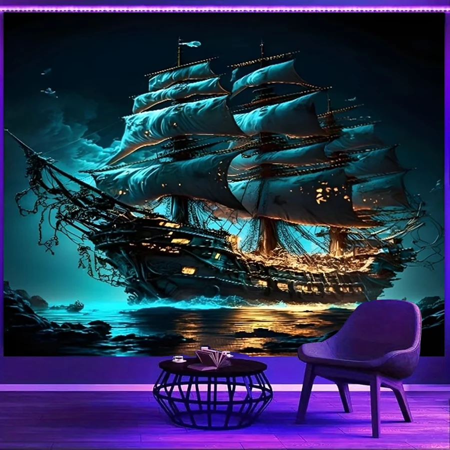 1PC Ghost Ship Ocean Night Print Backdrop Banner, Bedroom Living Room Photo Background, Polyester, Home Decor, Wall Art