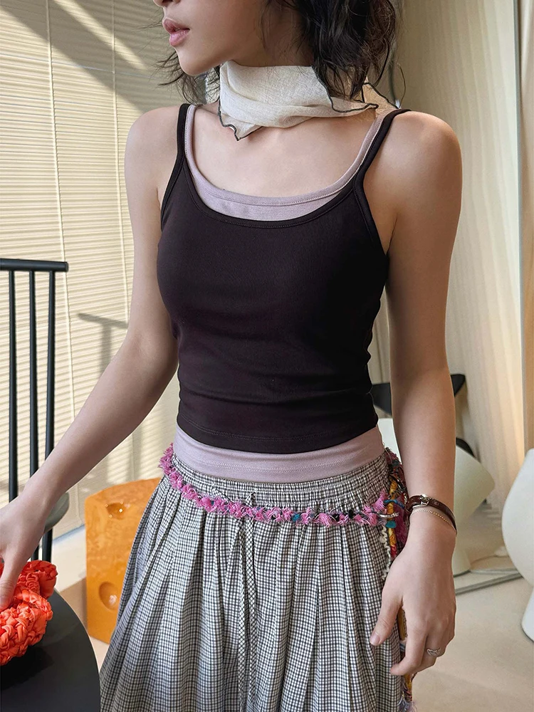 FANAN Spring Summer New Design Double Shoulder Strap Color-Contrast Hollow Out Slim-Fit Slimming Top For Women False Two-piece