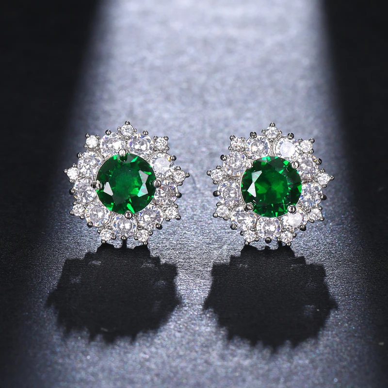 JMK Fashion Emerald Cubic Zircon Green Stone Silver Plated Stud Earrings For Women Bridal Wedding Jewelry Party Accessories Gift