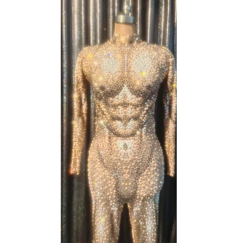 Nightclub Bar Sexy Men\'S Ds Gogo Stage Costume Fashion Muscle Shape Full Diamond Pearl Jumpsuit Drag Queen Party Dress DN17024