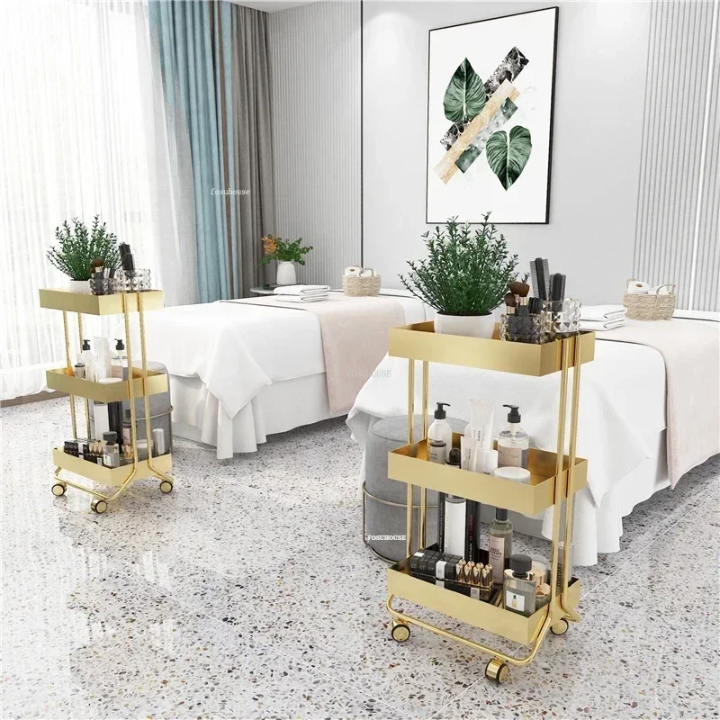 Light Luxury Golden Salon Trolleys Beauty Salon Auxiliary Cart with Wheels Nordic Salon Furniture Home Multi-layer Storage Shelf