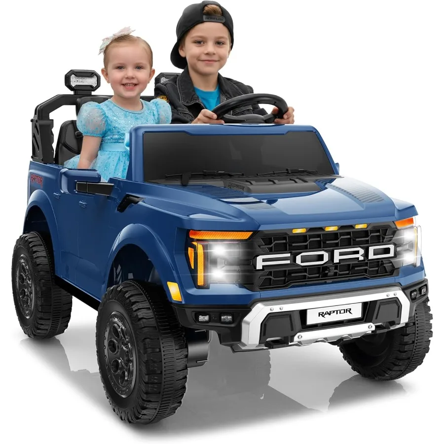 24V 전동차 라이선스 F-150 랩터 전기차 리모컨 포함 LED 라이트/음악/MP3 트럭 적재함 수납 3점식 안전벨트