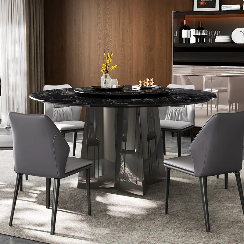 

Natural marble round dining table high-end black rose imported luxury stone modern simple home high-end sense
