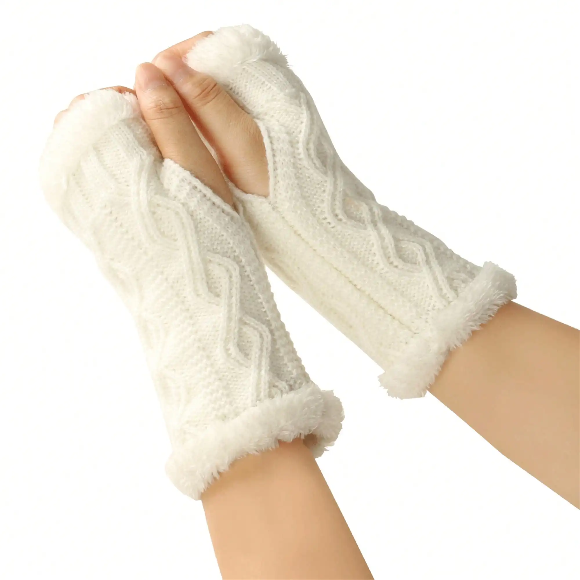 

Women Knit Gloves Solid Color Fleece Lined Fingerless Gloves Warm Arm Sleevese