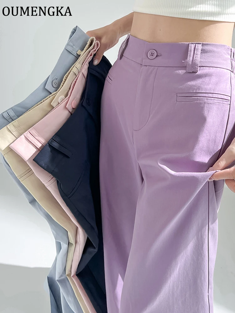 OUMENGKA New Women Summer Candy Color Thin Ankle Pants Solid Button Waist  Harem Trousers Casual Female Daily Easy Wear Pants