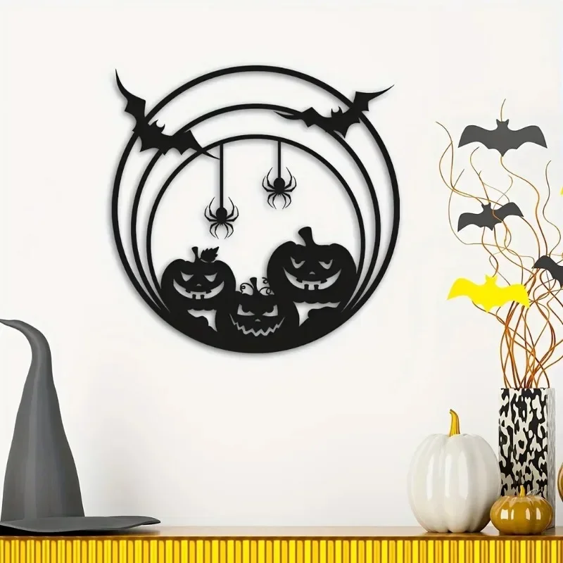 Halloween Metal Wall Art Pumpkin Bat Spider Web Design Iron 2D Flat Hanging Sculpture Door Sign Day of The Dead Party Home Decor