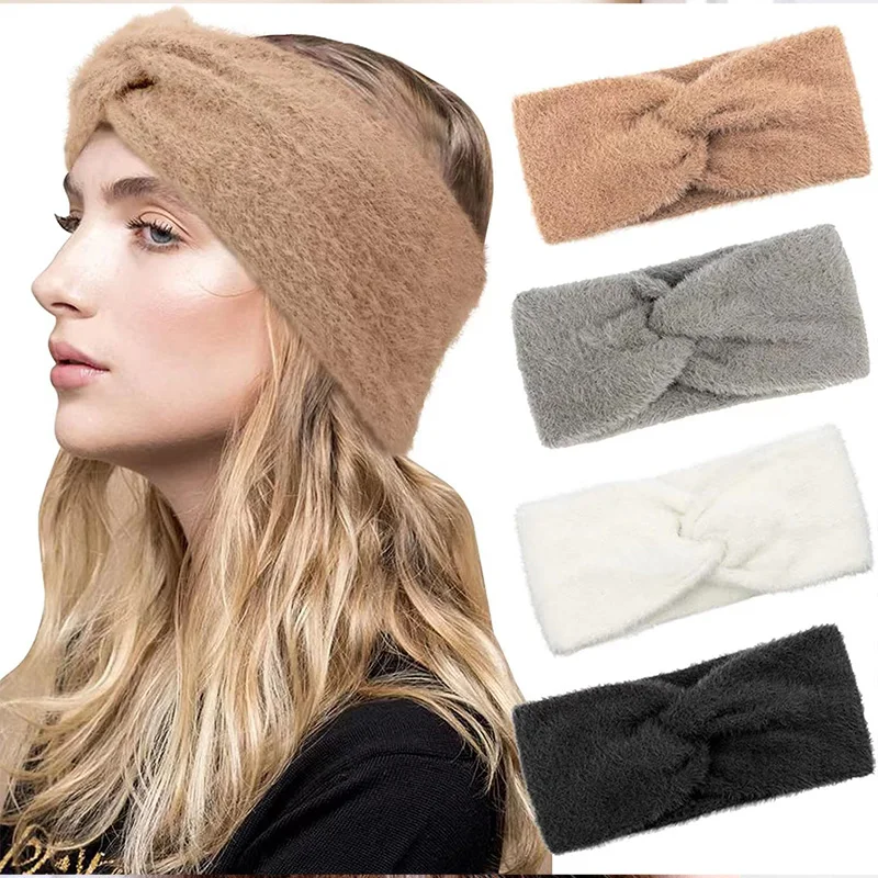 Ear Warmer Hairband Plush Elastic Hair Band Solid Color Wide Turban Headwrap Imitation Mink Fur Cross Headbands Stretch DIY Band