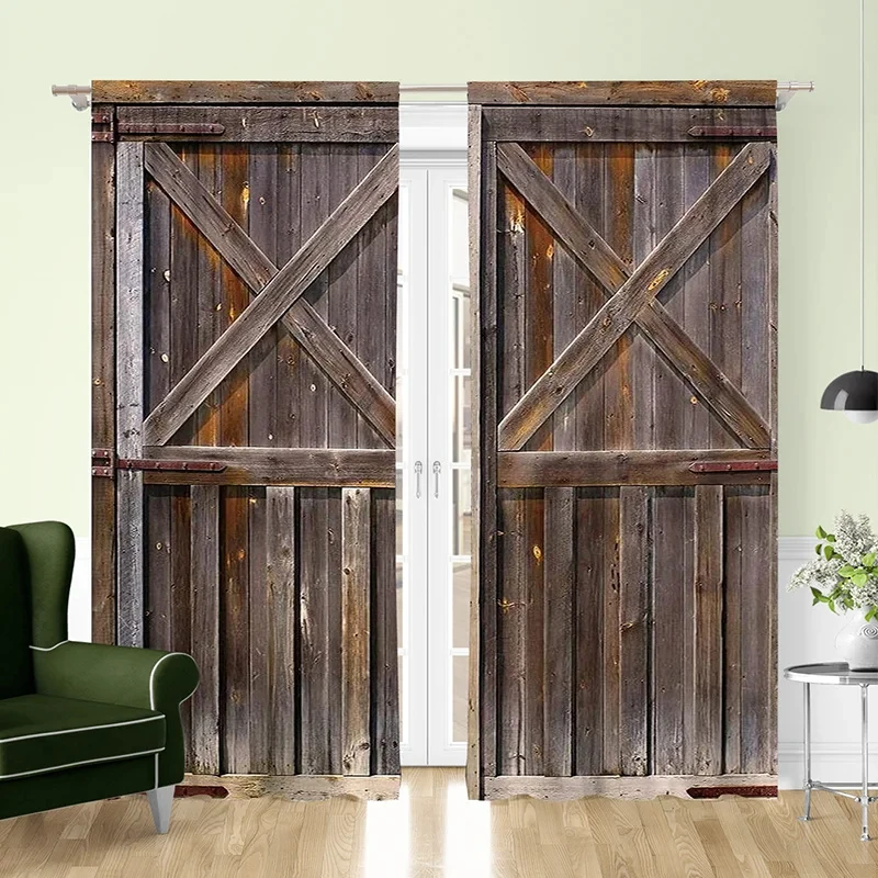 2pcs Rustic Wooden Door Pattern Curtain for Home Decoration - Perfect for Bathroom, Living Room, and Bedroom Windows