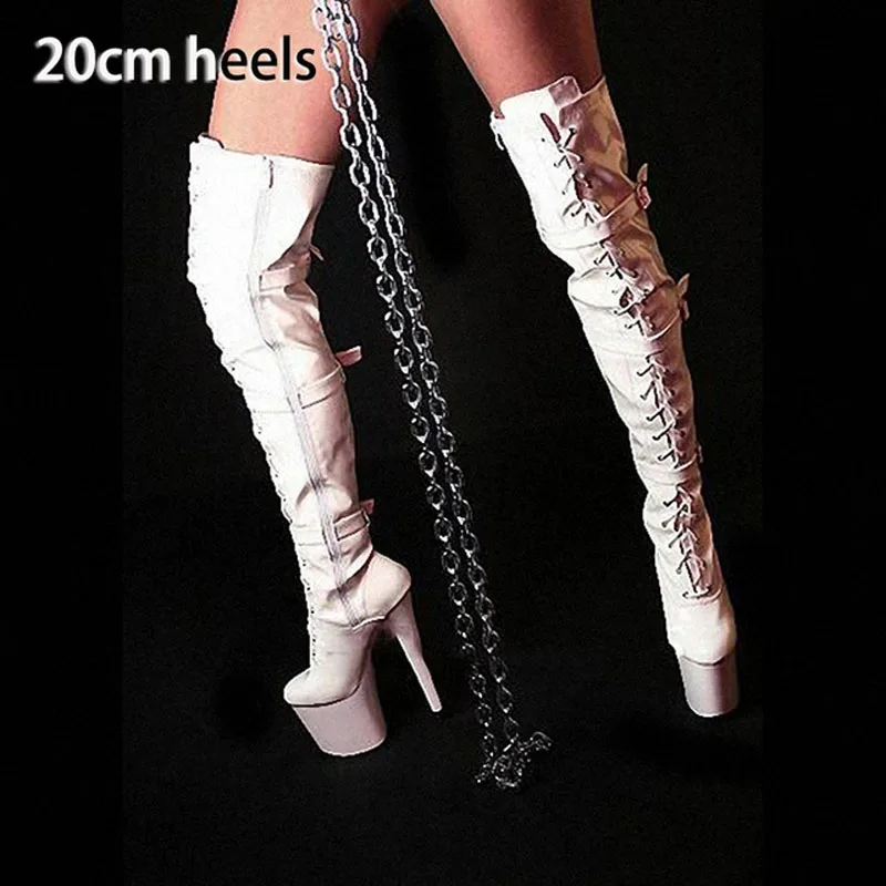 Nightclub Women\'s Shoes Pole Dancing Long Boots Thigh Alt 20CM High Heels 8 Inch Over The Knee Gothic Platform Sex Stripper Red