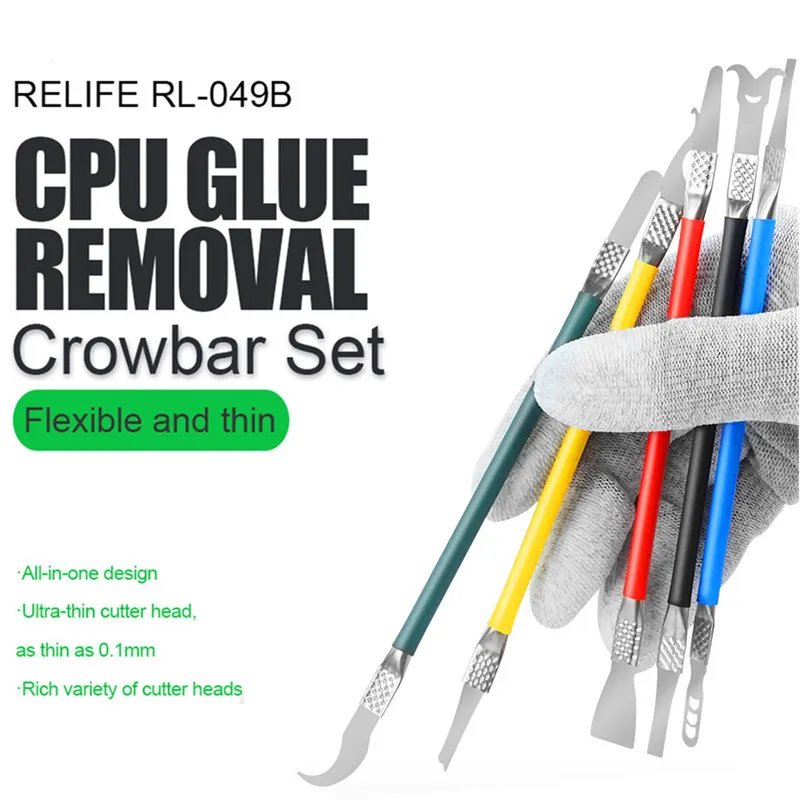 RELIFE RL-049B CPU Glue Removal Crowbar Set for Mobile Phone Repair Double-side Flexible and Thin Degumming Stick Kit