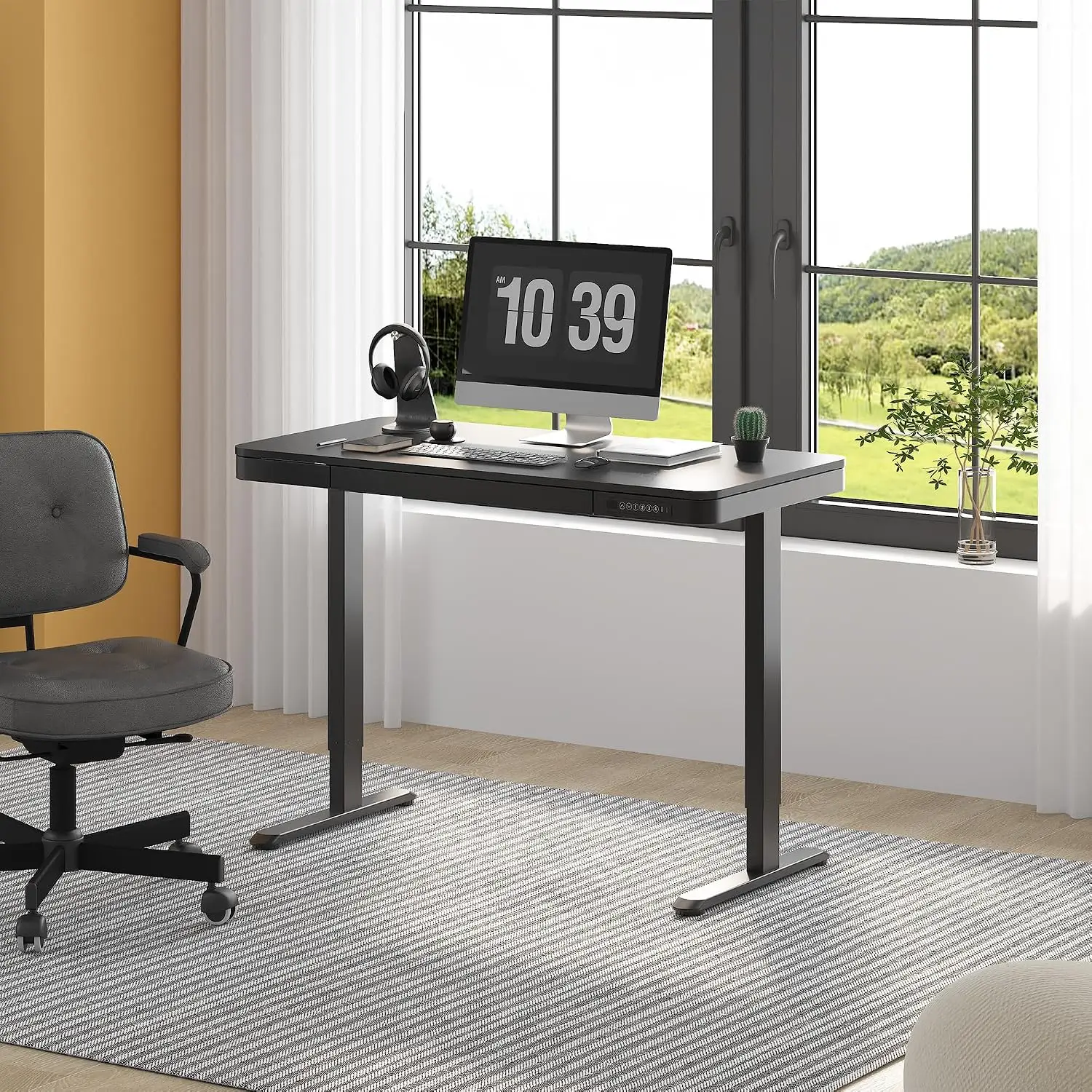 Standing Desk with Drawers & USB Ports, Quick Assembly Height Adjustable Desk with Child Lock for Home Office, 48