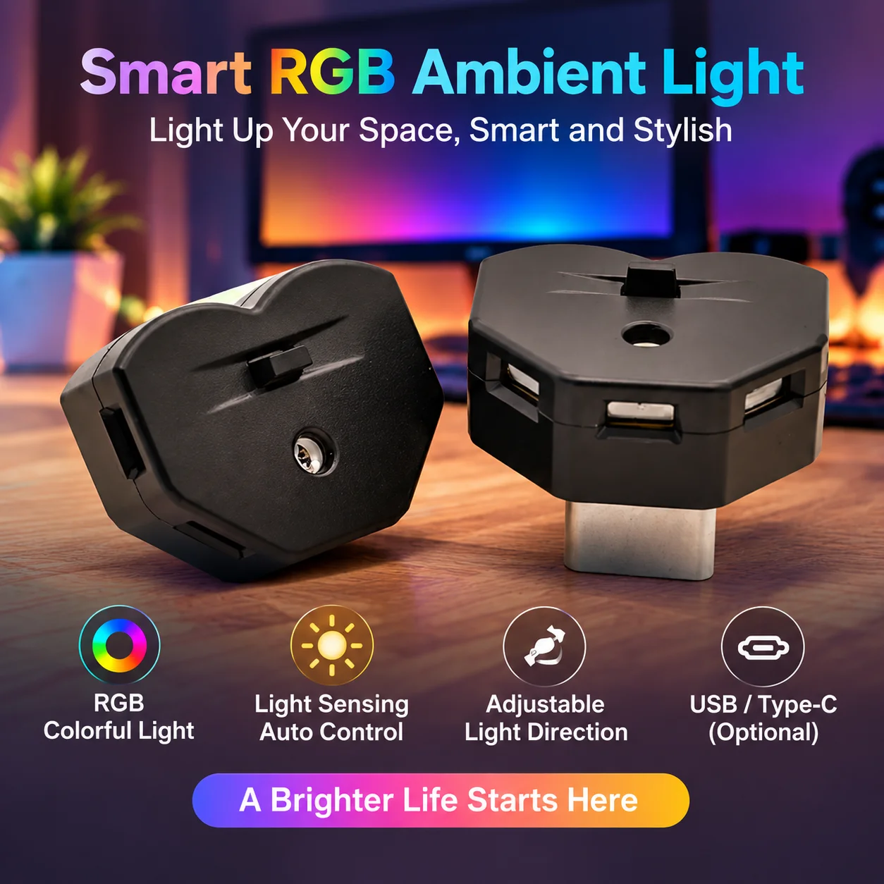 RGB USB Mini LED Ambient Light with Auto Light Sensor and Adjustable Steering for Car, Computer and Power Banks