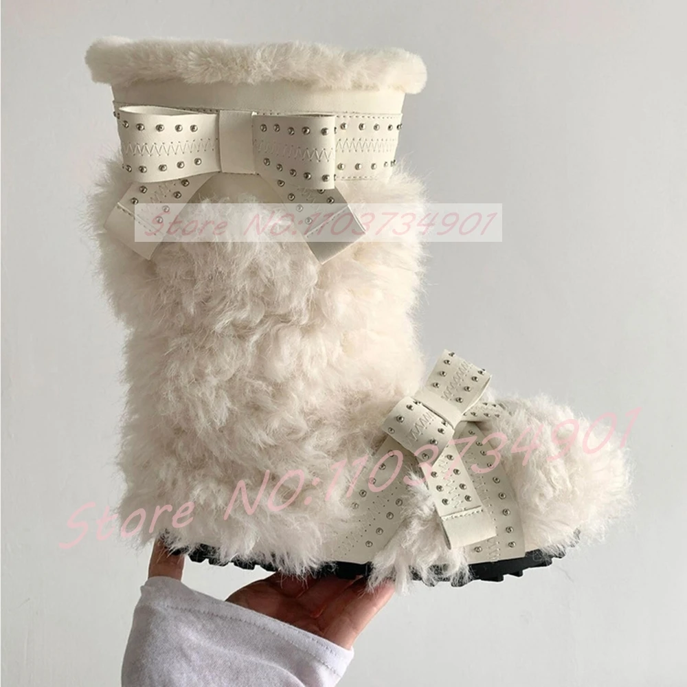 Lamb Wool Fur Winter Ankle Boots Women Butterfly-knot Rivets Round Toe Antislip Booties Female Fashion Party Warm Furry Boots