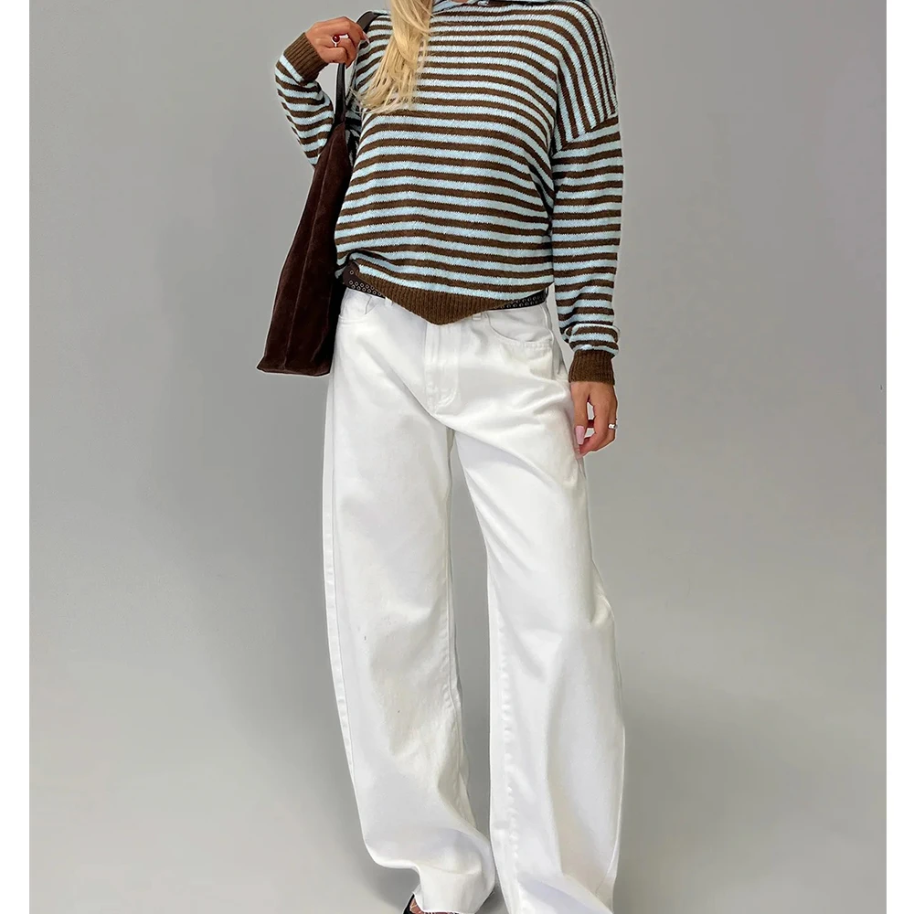 Suéter de punto a rayas Retro para mujer Y2K, jersey de manga larga con cuello y cuello, sudaderas holgadas con bloques de Color, prendas de punto Preppy