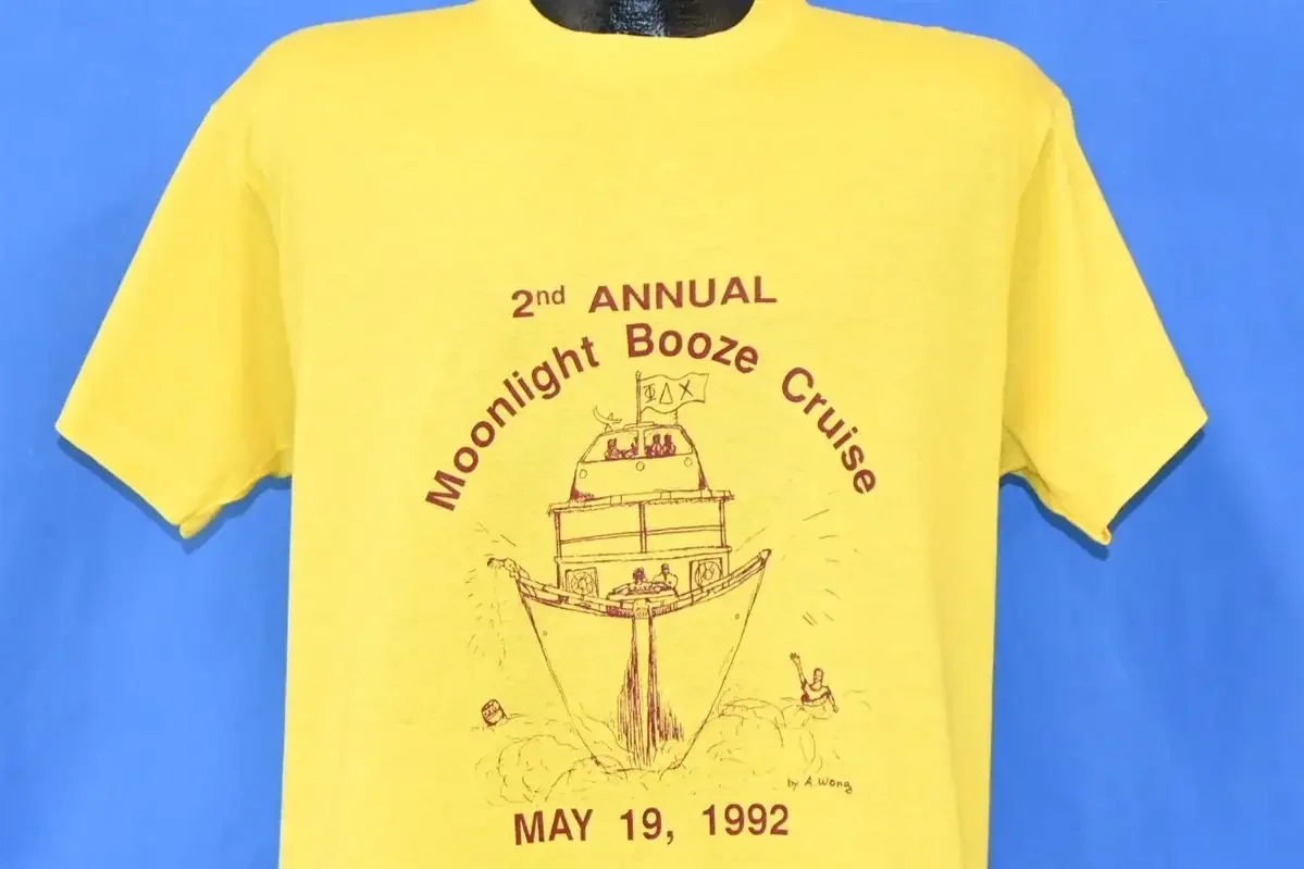 90s 2nd Annual Moonlight Booze Cruise College Event Yellow T Shirt Large