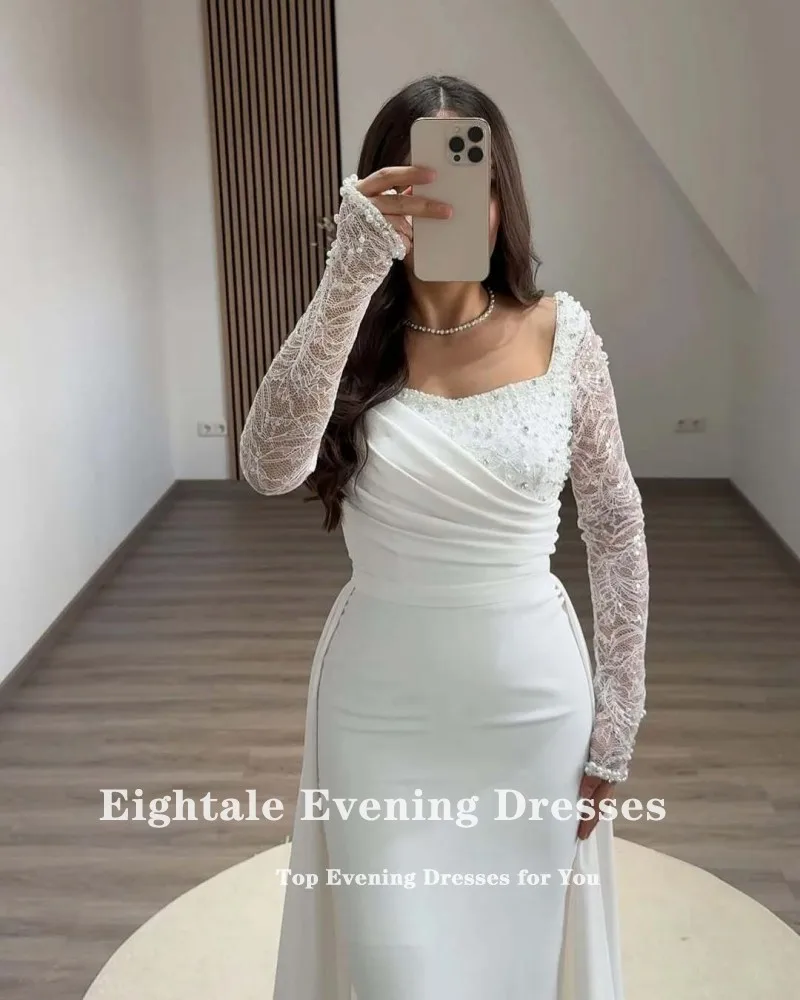 Eightale Arabic Evening Dress for Wedding Party Long Sleeves V-Neck Ivory Stretchy Satin Mermaid Customized Beaded Prom Gown