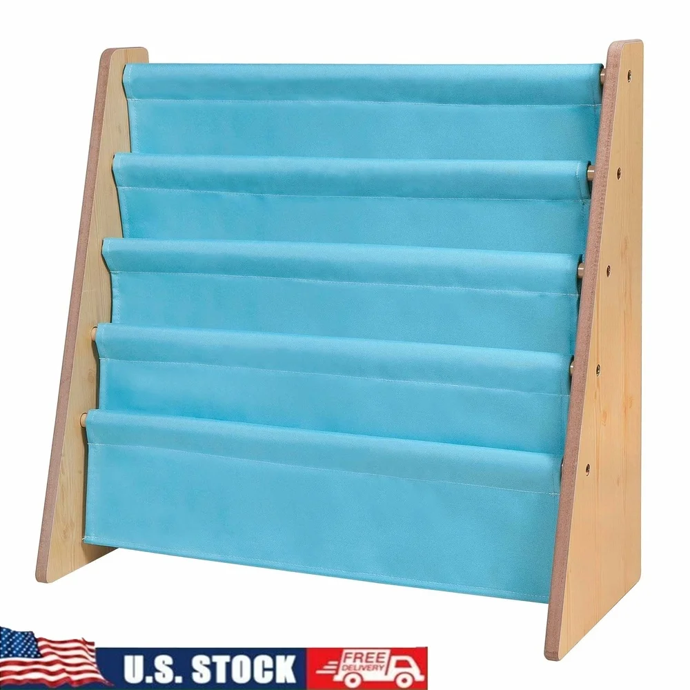 

Kids Sling Book Shelf Natural Wood Four Shelves Easy Access Reading Organizer Children Room Assembly Required 25x24x11 Inches