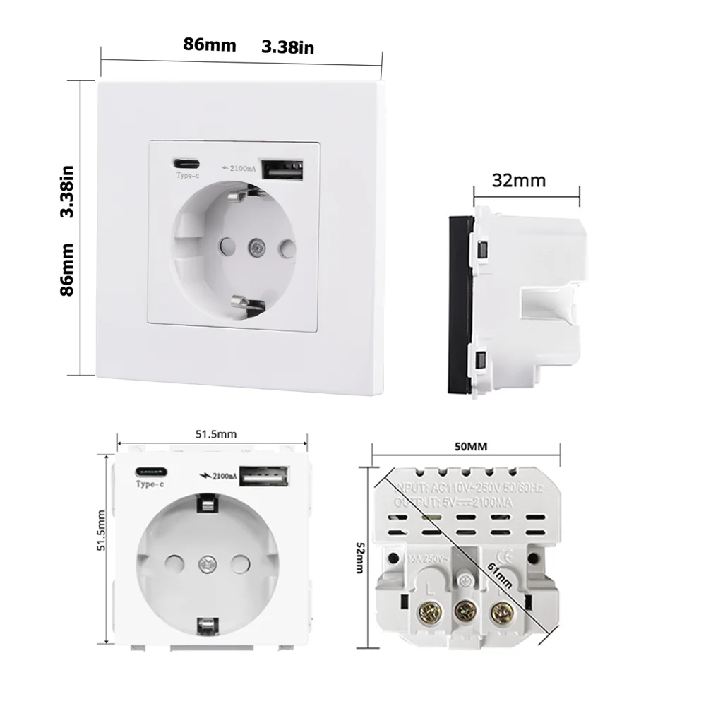 16A EU Standard Wall Socket with Type-C USB Charging Outlet White Flame Retardant PC Panel AC 110-250V Power Electrical Outlet view 4