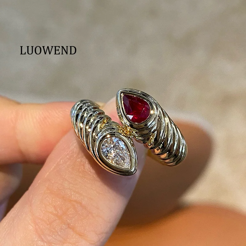 LUOWEND 100% 18K Yellow Gold Rings Fashion Shiny Design Luxury Diamond Natural Ruby Gemstone Ring for Women High Party Jewelry
