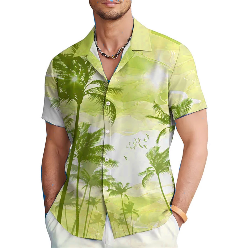Hawaiian Summer Men's Shirt Coconut Gradient Tropical Plant Button Shirt Hawaiian Short Sleeve Shirt Beach Clothing Lapel Shirt