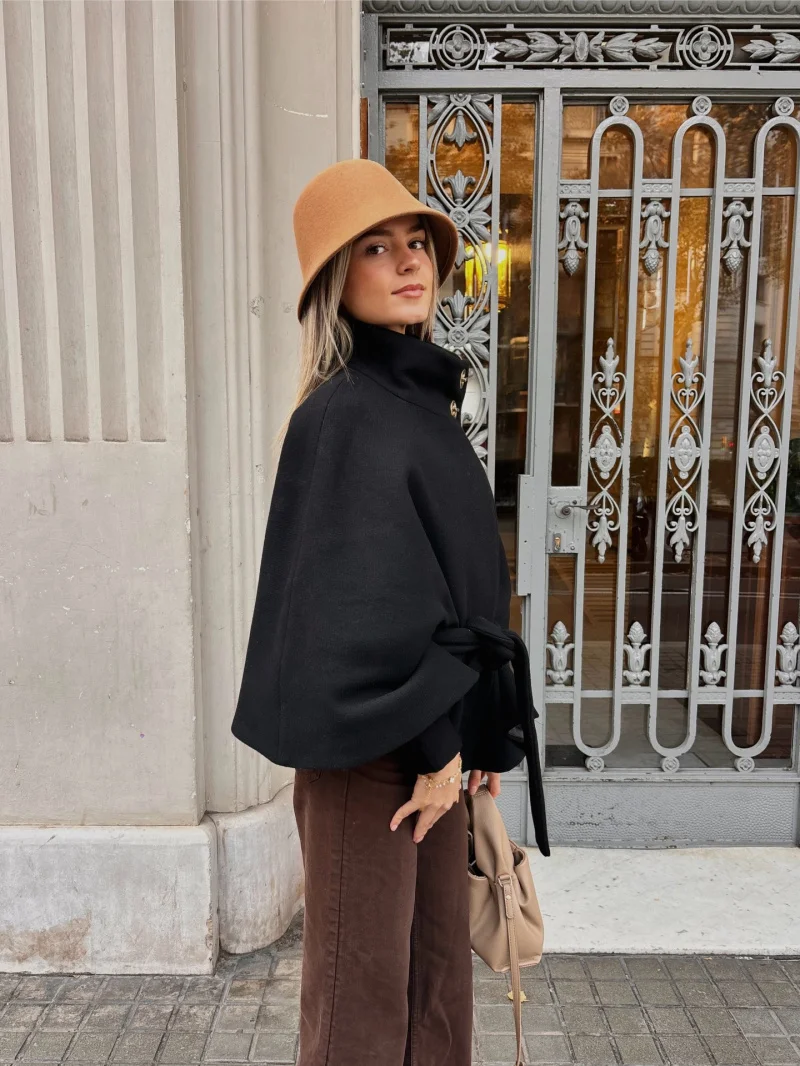 ETJ 2026 women's spring new elegant and stylish loose version of the coat high neck with belt and wide sleeve blend coat