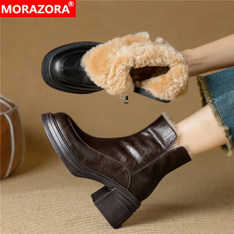 

MORAZORA New Genuine Leather Boots Women Zipper Square High Heels Winter Boots Black Brown Handmade Retro Short Snow Boots